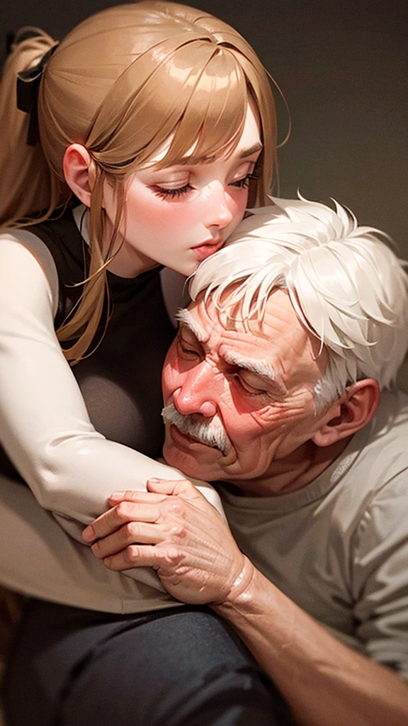 A girl kissing an ugly old man