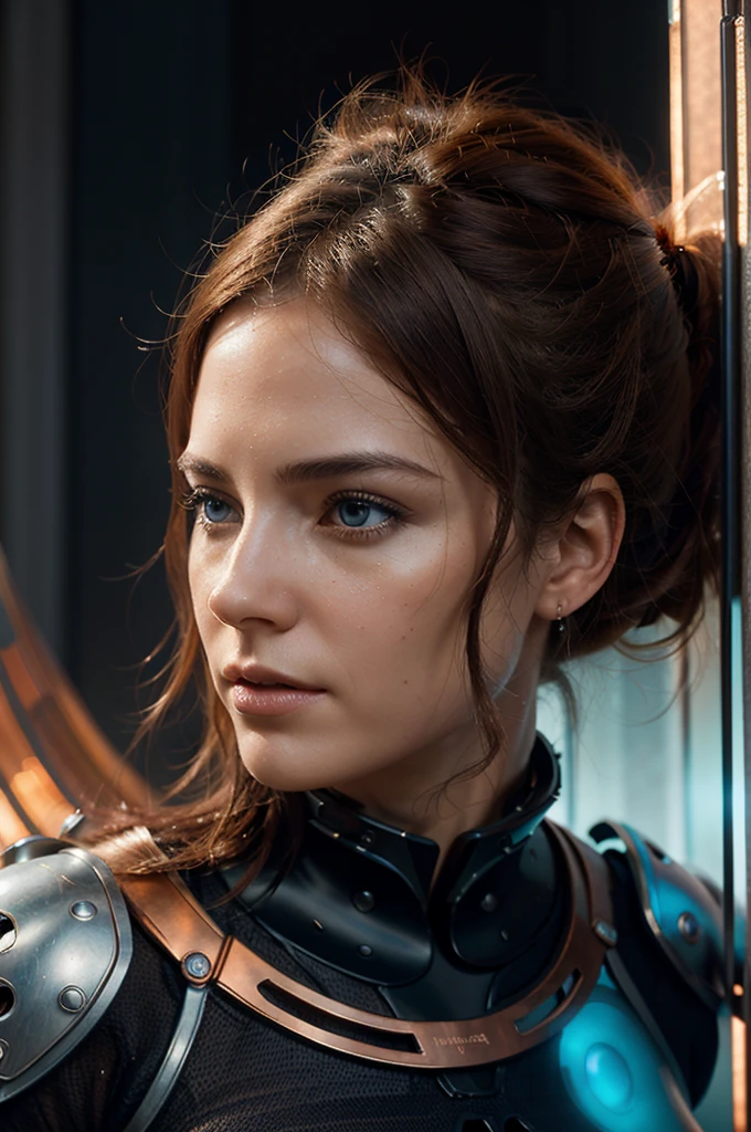 Hyper photo realistic. Higheast quality. Masterpiece. A woman. Hyper realistic human features. Perfect facial features. topless, The woman has biomorphic, futuristic armor,  hair composed of interlaced, net like, shapes and forms. (Sharp focused background city of biomorhic orbs.). Include the colors white, turquoise, orange and copper. Vanilla sky. Art by Todd Lockwood, Otto Pilny, Otto Rapp, and Peter Gric. Cgsociety, gothic art, fractalism, fantasy, dystopian art, neo-figurative, vray tracing Trending on zbrush central, fantasy art, zbrush, biomorphic, fractalism. Smooth, sharp focus. A photo realistic, surreal, image of a female that transcends the boundaries of reality and imagination.The image should evoke a sense of wonder and mystery. Porcelain. 8k.