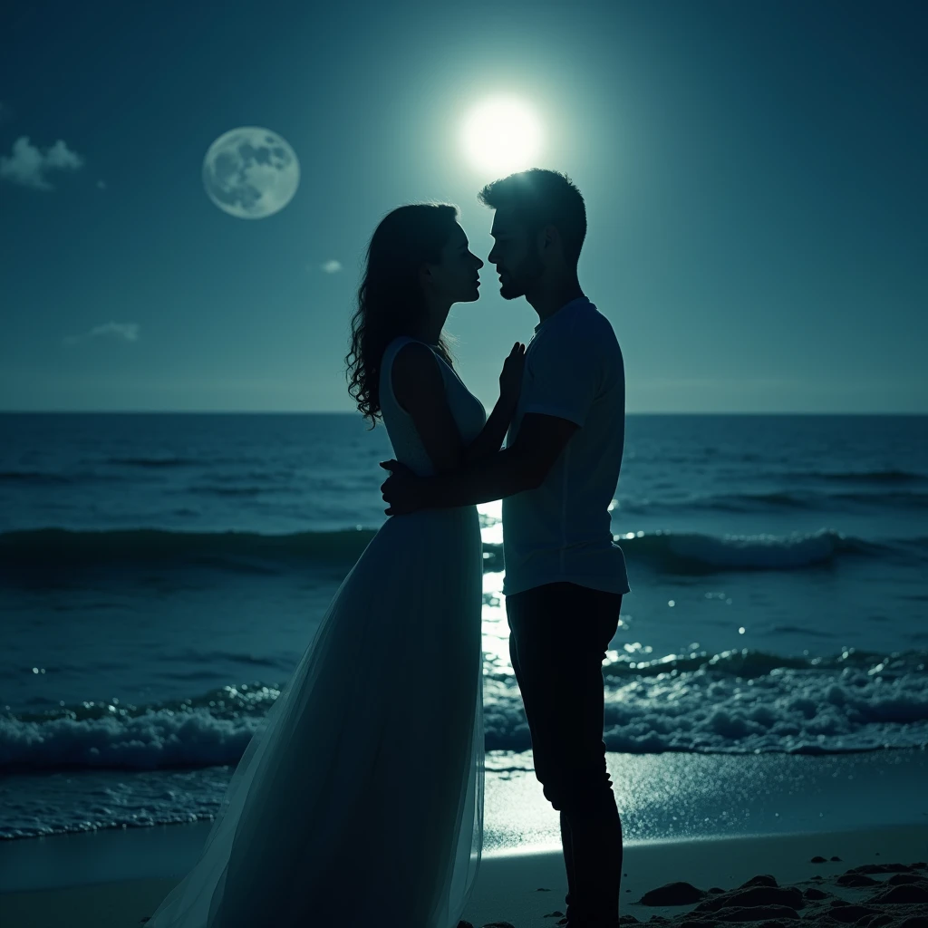 Moonlit Confession, lovers, moonlight, walk by sea beach, cinematic still, dynamic movement, surreal, (best quality, masterpiece, photorealistic), very aesthetic, perfect composition, intricate details, ultra-detailed, vivid colors