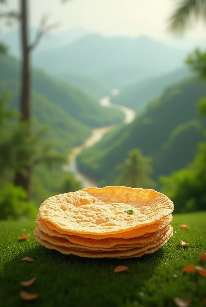 A large single pappadum, behind which the nature of Kerala is blurred