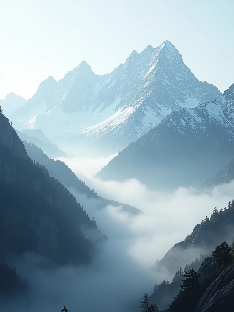 Capture the breathtaking beauty of a foggy mountain landscape in ultra HD, where mist dances among the peaks, creating a scene of ethereal serenity