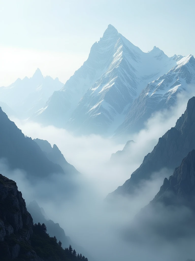 Capture the breathtaking beauty of a foggy mountain landscape in ultra HD, where mist dances among the peaks, creating a scene of ethereal serenity
