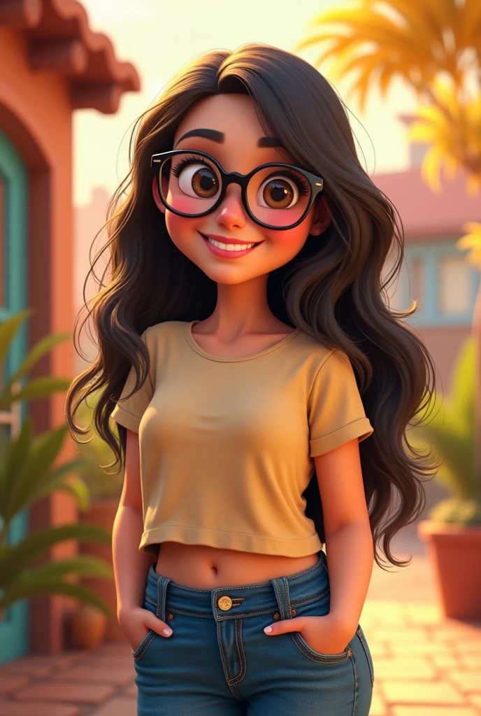 36 year old woman, chubby
, disney pixar style, dark long hair, with glasses, wearing jeans and a T-shirt 