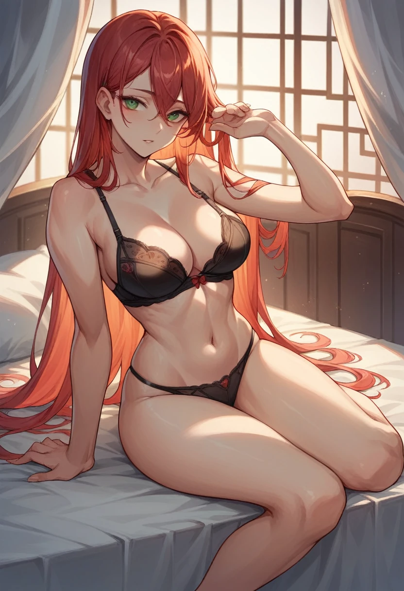 1 woman with red hair and green eyes sitting on the bed in a bra, luminous and beautiful Chinese skin 