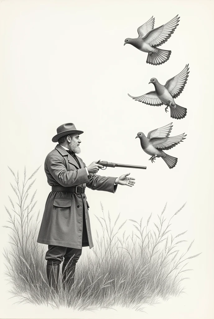 a traditional illustration made with pencil, about an English man hunting doves 