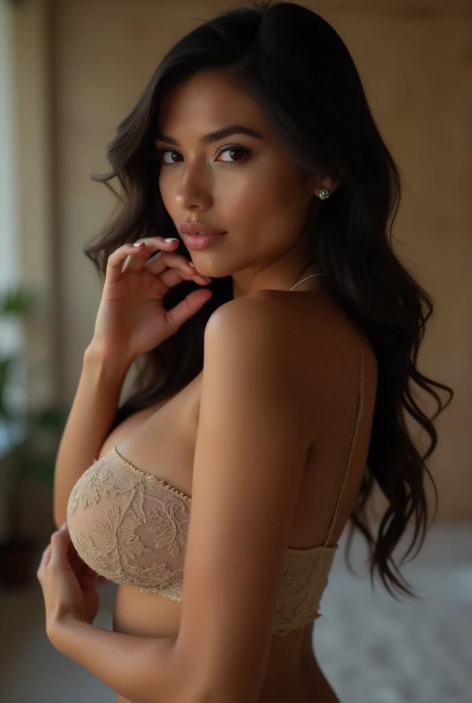 1 girl, king, latina, 22 years, big ass, good natural breast, from behind but still looking at the camera, cambrant, touching her breasts with one hand and masturbating with the other, clear face, 8k, ultra HD