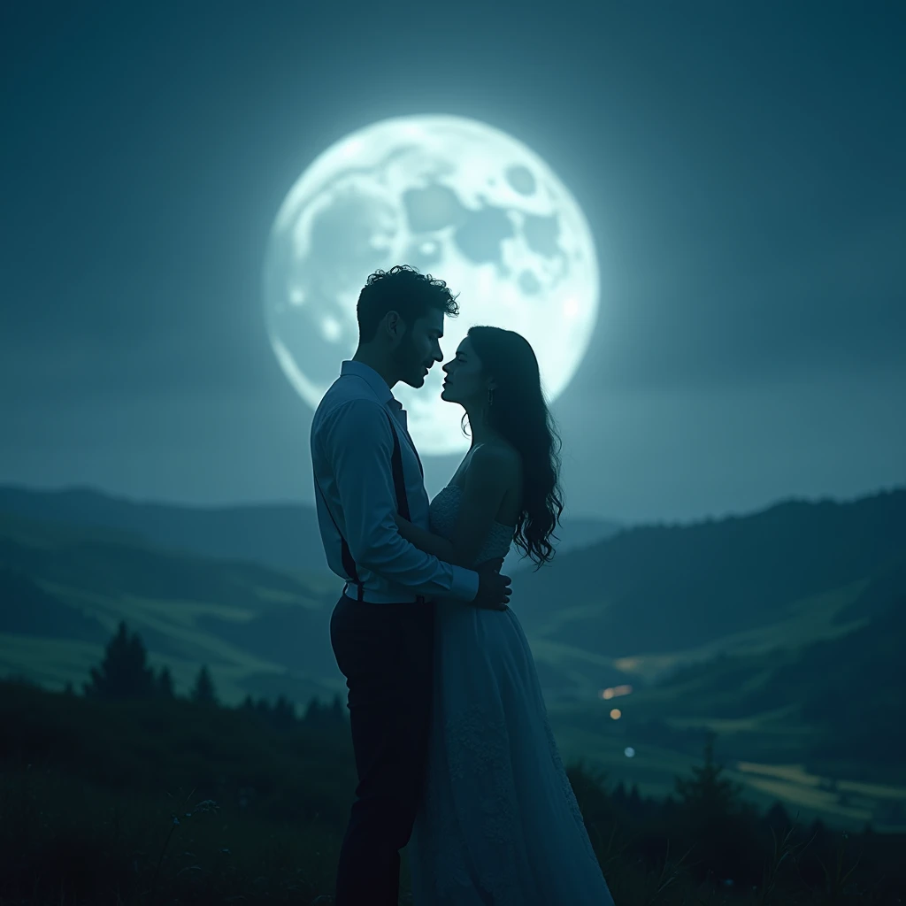 Moonlit Confession, lovers, moonlight, stand on the hill, cinematic still, dynamic movement, surreal, (best quality, masterpiece, photorealistic), very aesthetic, perfect composition, intricate details, ultra-detailed, vivid colors