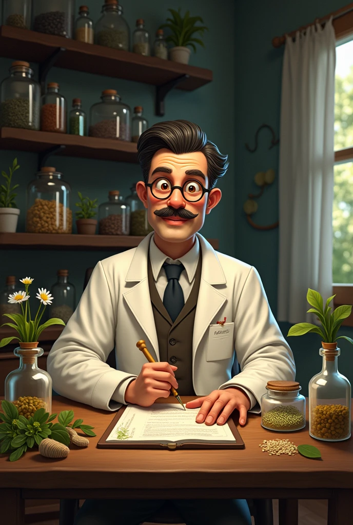 A humble homeopathic man from 1940, with small mustache, blackquality hair, various glass bottles, many medicinal herbs, wood desk.