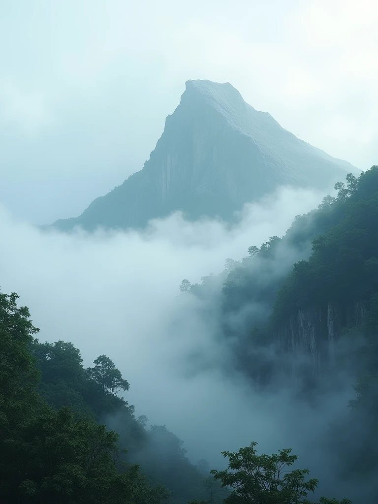 Experience the tranquility of a fog-covered mountain, rendered in stunning ultra HD quality, where every detail of the misty terrain comes to life
