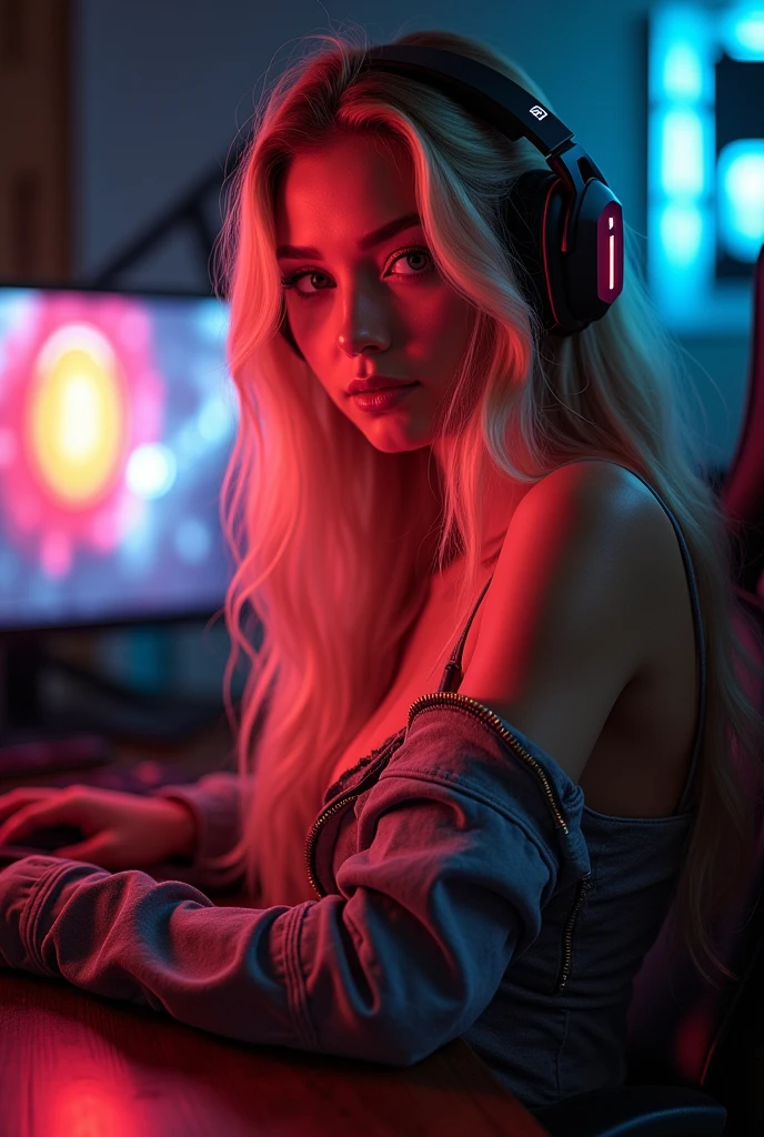 a beautiful girl with long blonde hair, detailled eyes, nose, and lips, Wear hot gamer outfit, Sitting in your gaming room, with your computer, hp computer (best quality,4K,8k,highres,masterpiece:1.2),Ultra-detail,(realisti,photorealisti,photo-realisti:1.37),HDR,studio lighting,Extremely detailed face and body, portrait,cinematic lighting,dramatic lighing,warm colors,dramatic colors