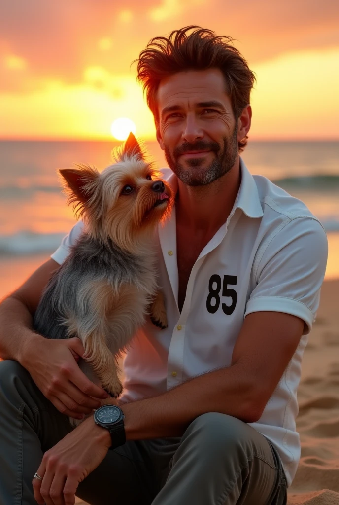 a 39-year-old white man, model type with dark hair, Barba feels, clear eyes,, white shirt with number 85, calcao, sitting on the beach in the Algarve watching the sunset with a Yorkie licking his face and with his face to the side looking at the camera