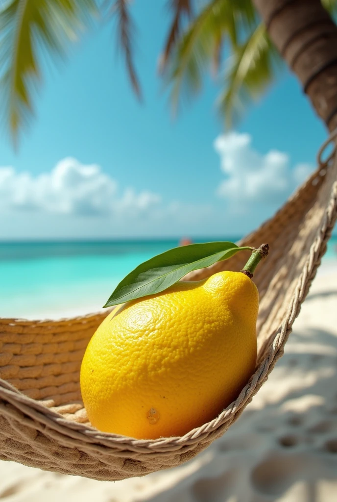 Cardboard lemon in a hammock on the beach 