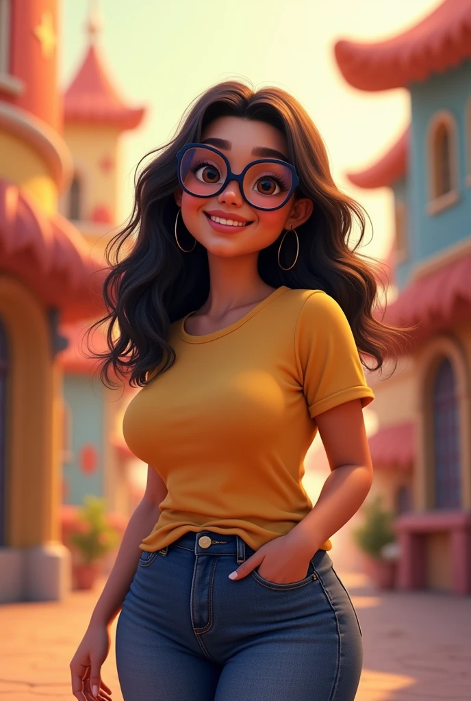 36 year old woman, gorda
, disney pixar style, dark long hair, with glasses, wearing jeans and a T-shirt 
