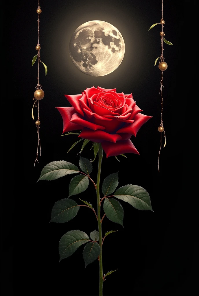 Red Rose on a black background with golden strings and a full moon, book cover, detailed art, digital painting,