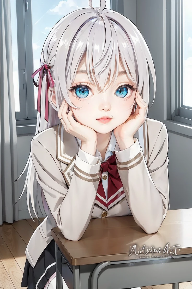 masterpiece, best quility, high_quality, high_resolution, masterpiece*portait, whitespace, colorful, 1girl, solo, white_hair, prism hair, [pink|green] eyes, gradient eyes, multicolored eyes, glowing eyes, glowing, glitter, glowing white particles, wind lift, full_body, serious,