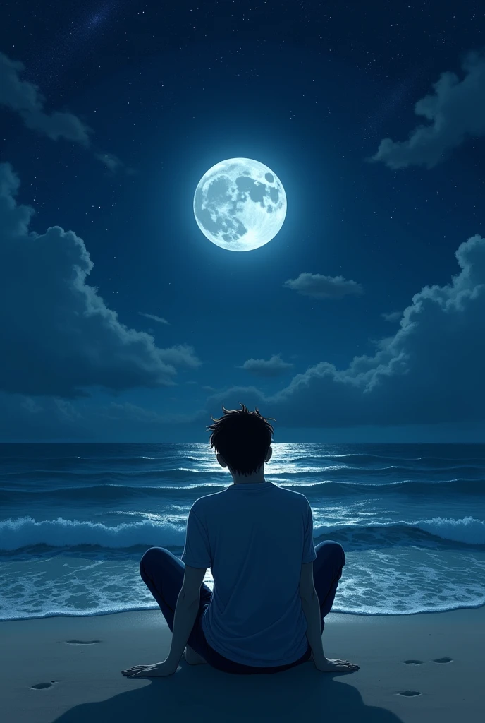 I want a picture of a young man sitting with his back on the beach, with waves from the sea gently lapping at the beach, thinking about his old lover, and the moon and stars surrounding the moon.