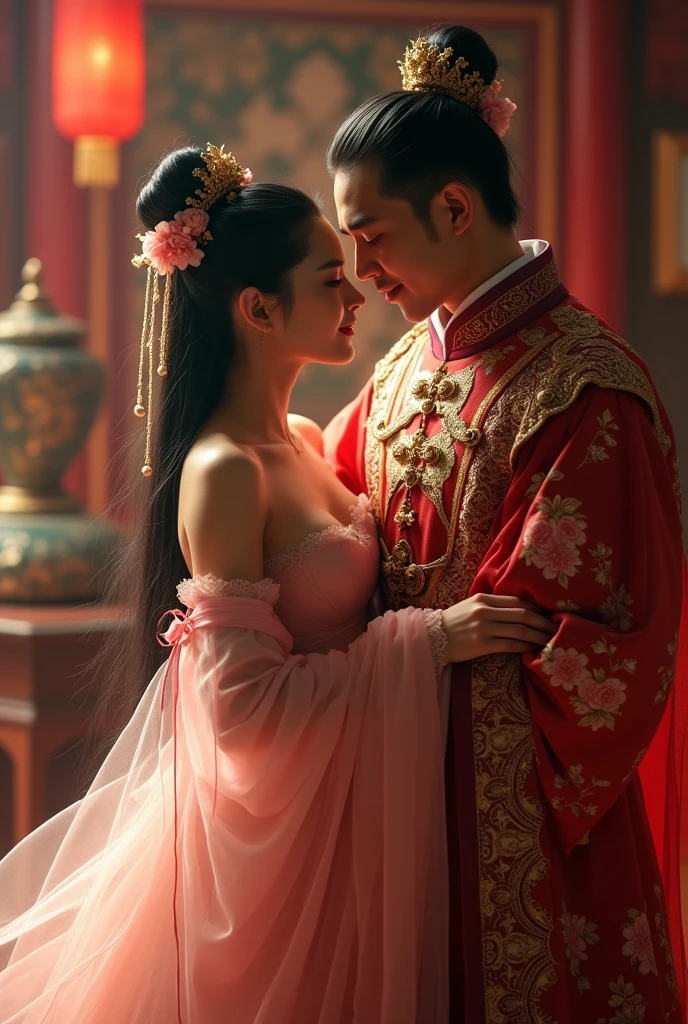 A young Chinese woman wears a light pink traditional Chinese dress. Long black hair pinned with flowers, hugging and kissing a handsome Chinese emperor wearing full uniform, kissing her breasts, licking her pussy, in a bedroom in the royal palace. happily