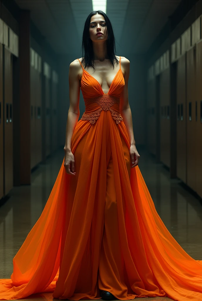 Generate an image of John Wick wearing an orange dress