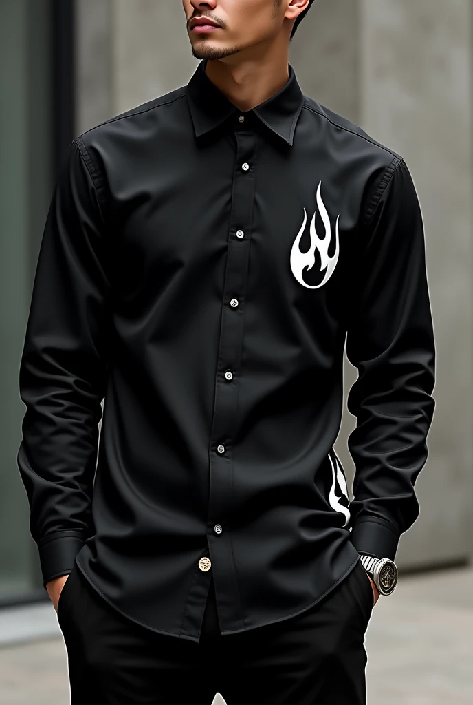 An all-black shirt with matching white flame details underneath 