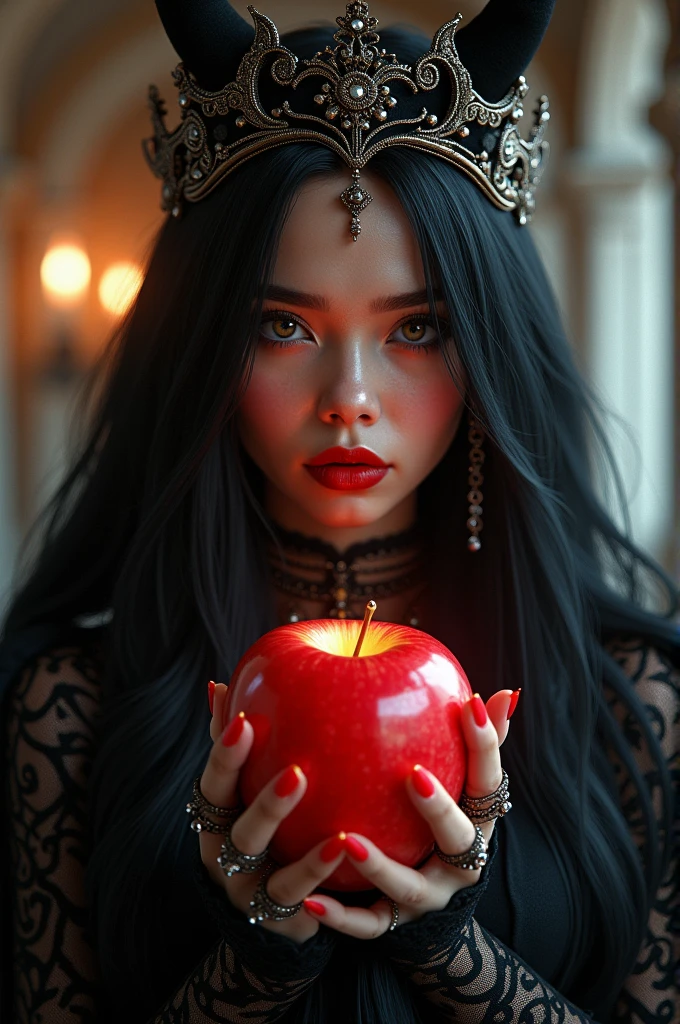 ((RAW Photo), absurd, (absurdresolution)), masterpiece, best quality, (Extremely detailed 8k unity CG wallpaper), (best illustration), (best shadow), Realistic lighting, beautiful detailed glow, ((21 years old)), girl, long black hair, black queen, accessories, apple in hand, poisoned apples, witch queen, red lipstick, (((Photographic Perspective of her)))