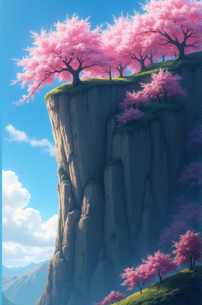 A cliff with cherry trees on top seen from below
