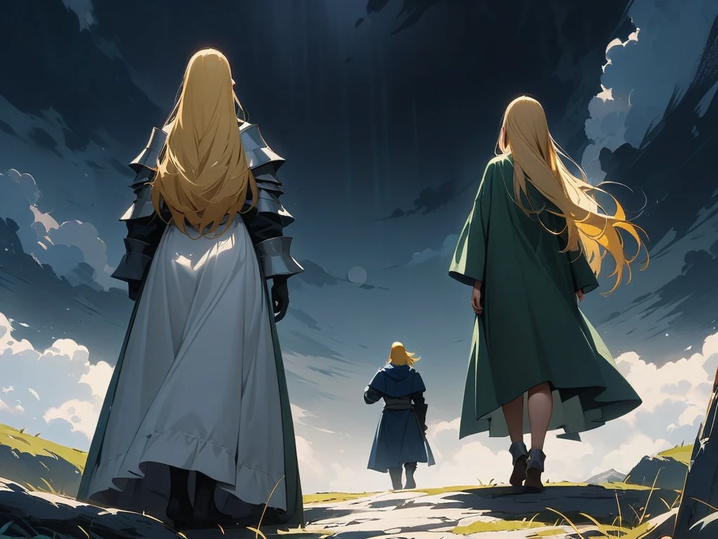 High Details, High Resolution, Quality,
two characters boy and girl, backs turned,walking into thhe dark mist, nothing around them just dark and heavy clouds, girl with no shoes, sexy feet, toes, yellow hair, long hair, straight hair, long green mage robe, boy with blonde golden hair, wearing shining plate armor, shoes, medieval, fantasy, surrounded by darkness and mist.