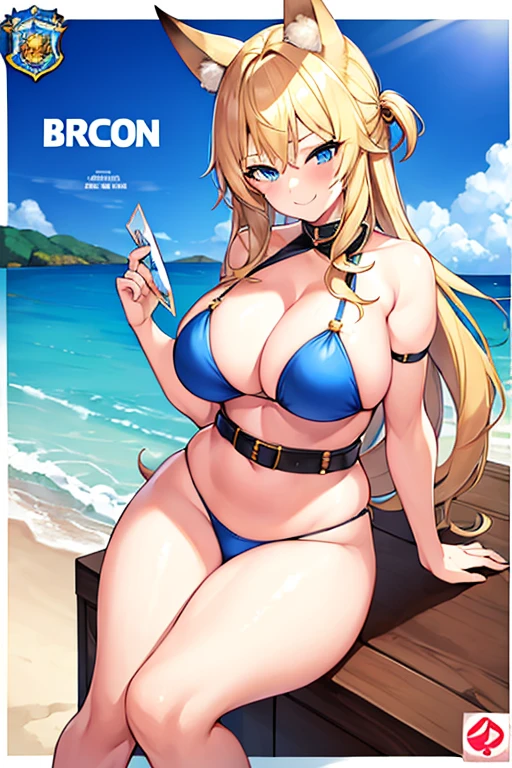 1girl, blonde hairz large breasts, thick thighs, hourglass figure, toned, blue eyes, fox ears, fox tail, police, policewoman, police uniform, belt, smile, smirk, smug, mature female, bikini, blue bikini, highleg, beach, text, number, card \(medium\),