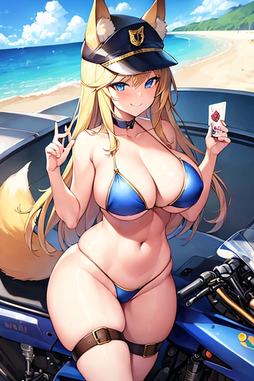 1girl, blonde hairz large breasts, thick thighs, hourglass figure, toned, blue eyes, fox ears, fox tail, police, policewoman, police uniform, belt, smile, smirk, smug, mature female, bikini, blue bikini, highleg, beach, text, number, card \(medium\),