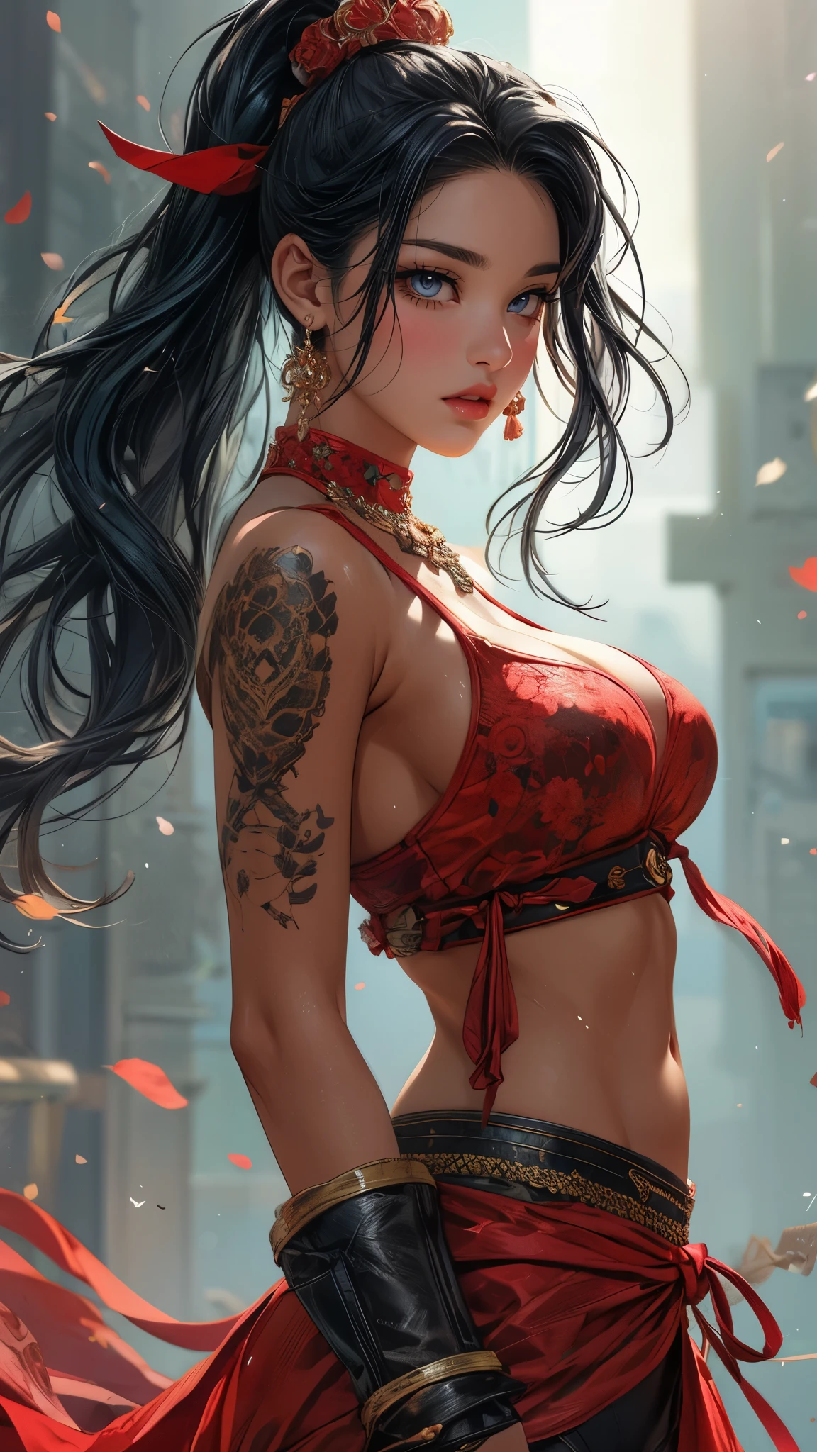 beautiful woman, fighting character design with hiphop influence, anime illustration, photorealistic, fantasy, comic, manga, perfect body proportions with generous curves