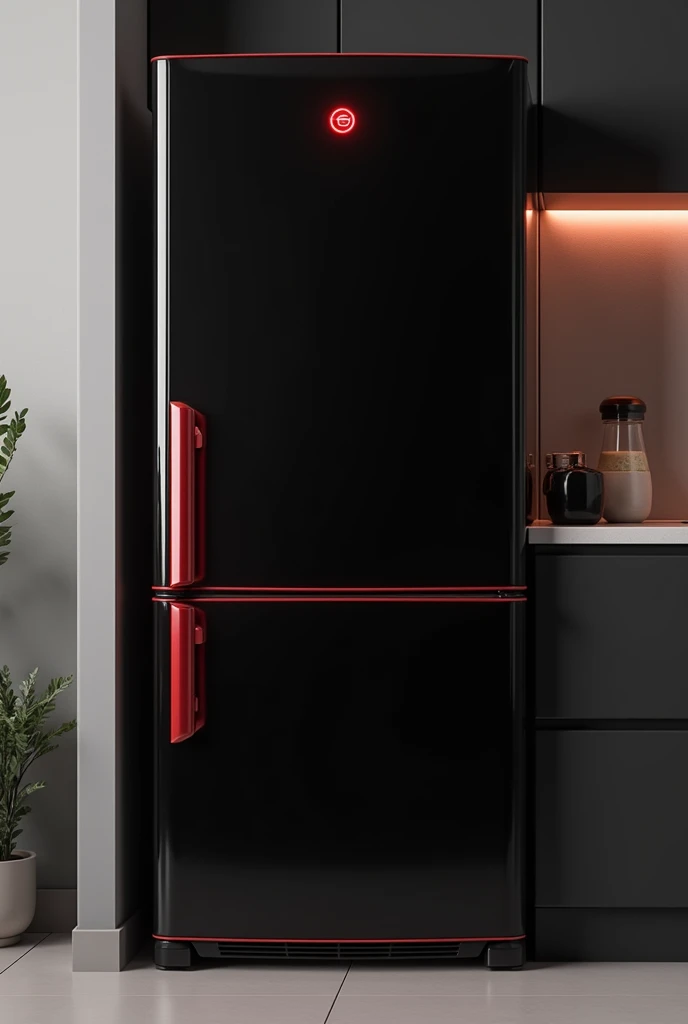 Black refrigerator with minimal red details 
