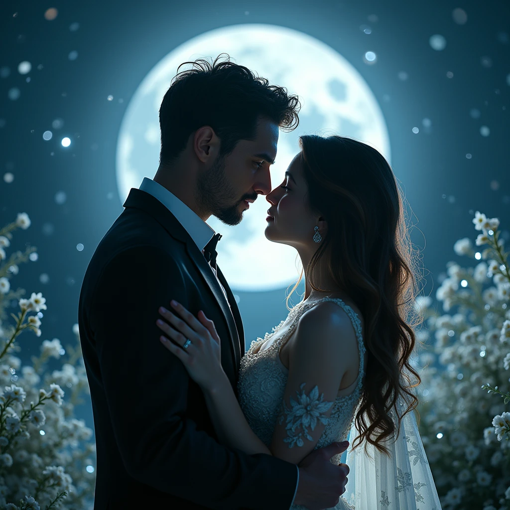 Moonlit Confession, lovers, silvery theme, cinematic still, dynamic movement, surreal, (best quality, masterpiece, photorealistic), very aesthetic, perfect composition, intricate details, ultra-detailed, vivid colors