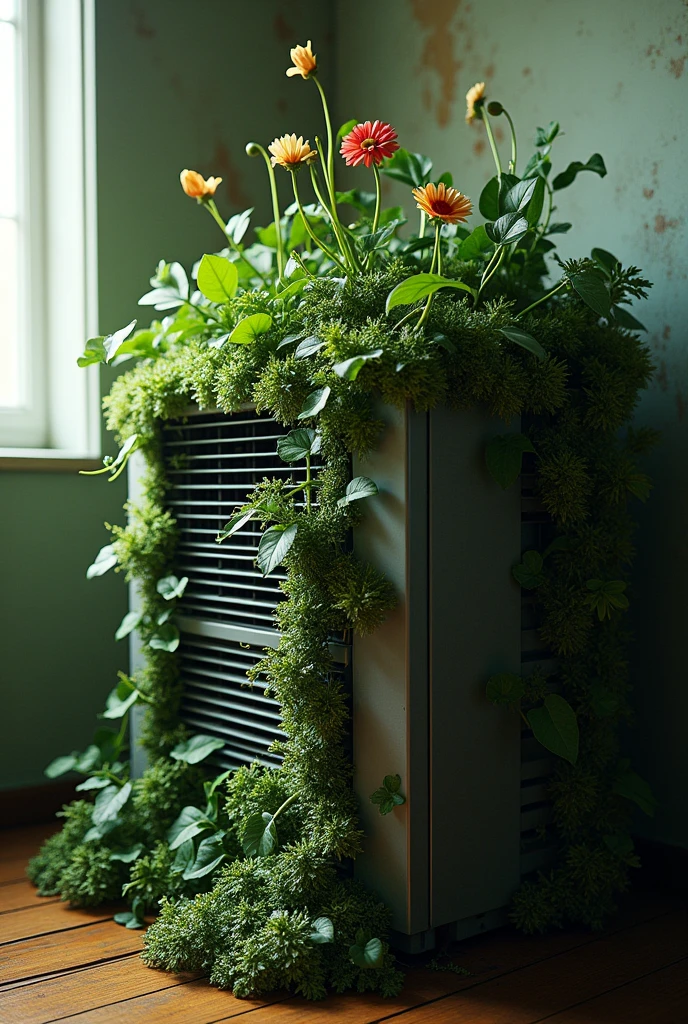 Plants are growing from inside the air conditioner