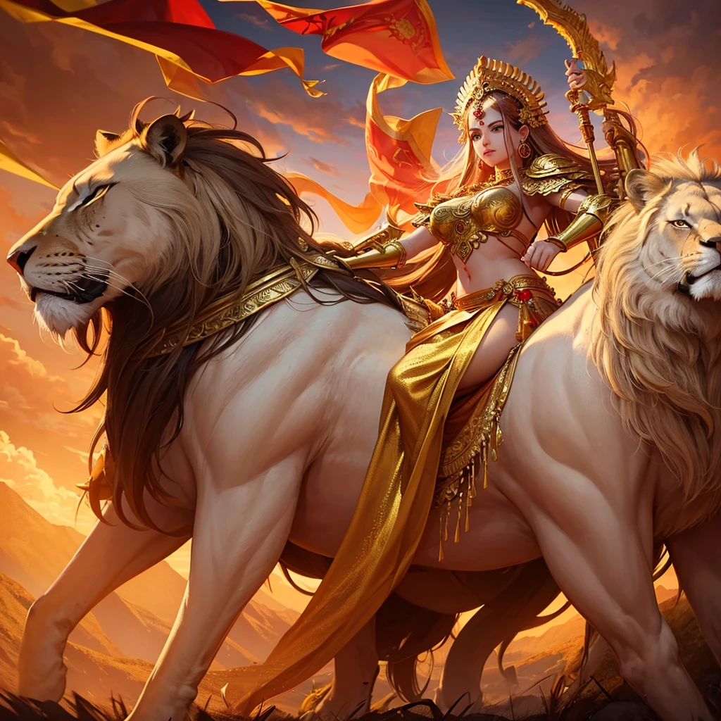 Majestic goddess Durga astride her fierce lion, hyper-realistic portrayal. Intricate golden armor gleams, ten arms wielding divine weapons. Flowing red sari billows dramatically. Backdrop of misty Himalayas at dawn. Intense determination in her eyes. Photographic quality, cinematic lighting, 8K resolution.