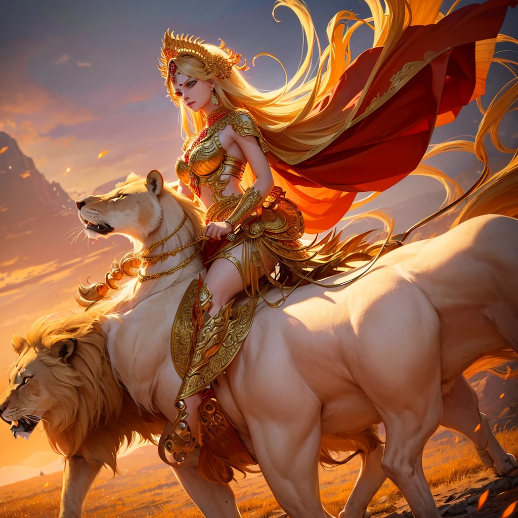 Majestic goddess Durga astride her fierce lion, hyper-realistic portrayal. Intricate golden armor gleams, ten arms wielding divine weapons. Flowing red sari billows dramatically. Backdrop of misty Himalayas at dawn. Intense determination in her eyes. Photographic quality, cinematic lighting, 8K resolution.