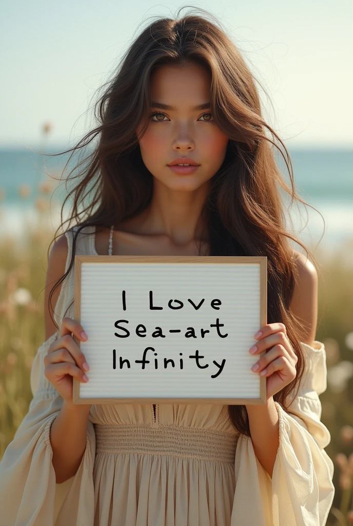 Beautiful girl with wavy long hair, bohemian dress, holding a white board with text "I Love Seaart Infinity" and showing it to the viewer