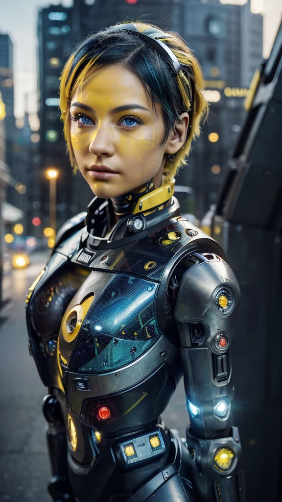 (masterpiece:1.3), (best cinematographic quality:1.2), (extremely detailed settings:1), (Suave+artistic lighting), (1 chico), short blue haired, (eyes+yellow+red:1.4), (multicolored eyes+heterochromia), wearing cyberpunk clothing, Futuristic, technological, city landscape with (robots around)0.4], giving a dramatic landscape.