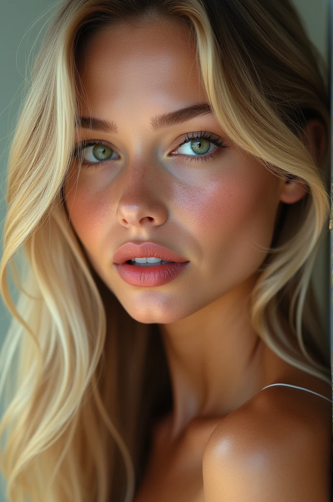 A realistic picture of a woman with blond hair , bright green eyes , high cheekbones and plump pink lips