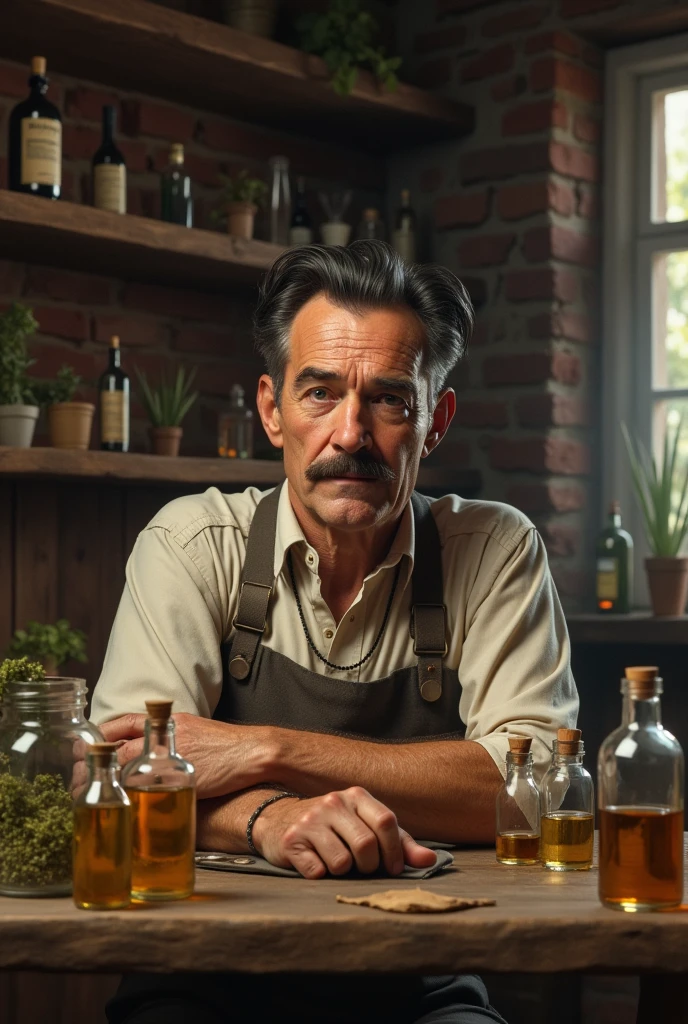 A humble homeopathic man from 1940, with small mustache, blackquality hair, various glass bottles, many medicinal herbs, wood desk. Old wooden and brick wall.