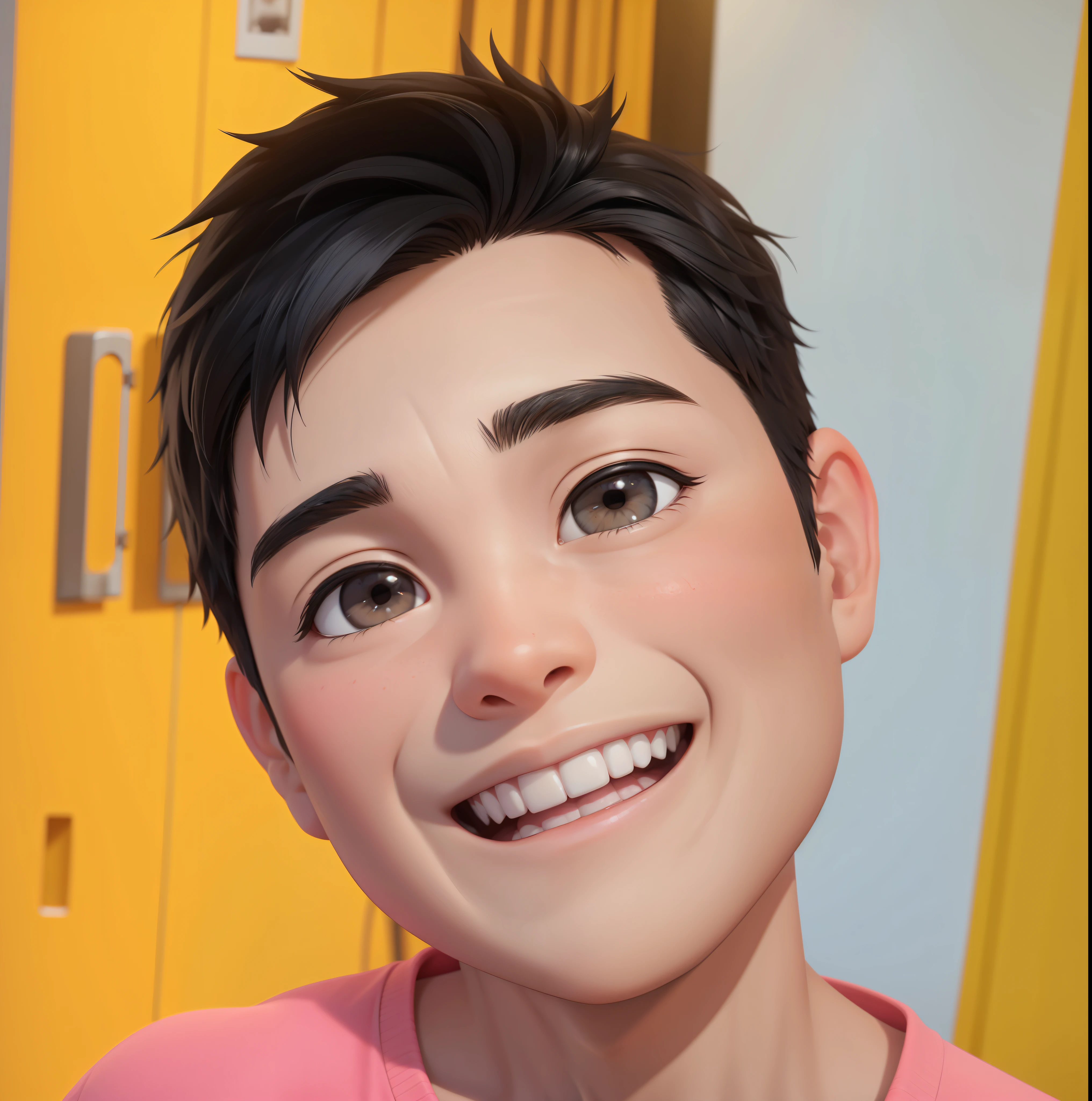 A boy 8 years old, beautiful black hair, half body, smiling cheerfully, portrait, 3D cartoon, realistic, natural skin, unreal,