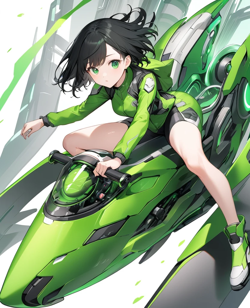 Girl whit short black hair,green eyes,futuristic green suit that shows legs riding a bike