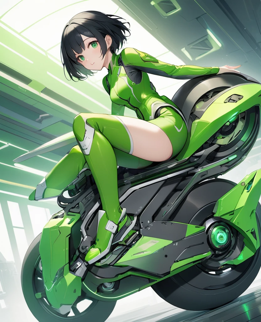 Girl whit short black hair,green eyes,futuristic green suit that shows legs riding a bike