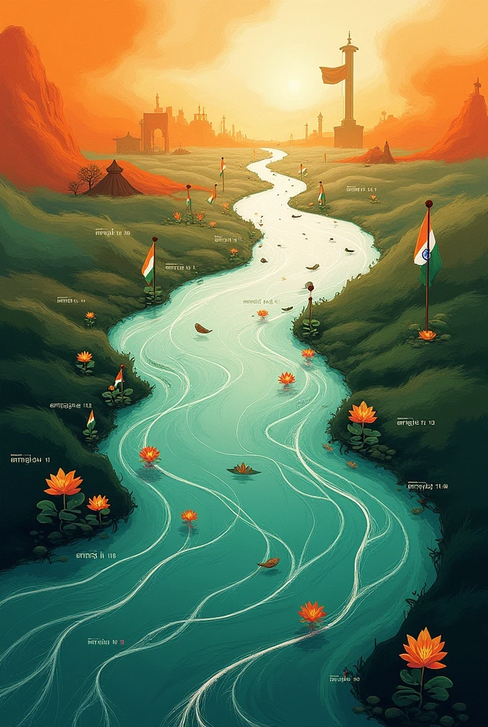an artistic depiction of the evolution of the Indian flag as a flowing river, symbolizing the timeline of India's journey to independence. The river begins with the Calcutta Flag (1906) and flows through various historic flags, each represented as waves, leading to the present national flag (1947). The river's colors blend saffron, green, and white, with significant historical elements like freedom fighters, lotuses, and the Ashoka Chakra subtly integrated. The background transitions from colonial oppression to a vibrant, free nation. Include calligraphy of flag names and years along the riverbanks.
