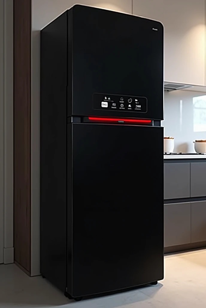 Black refrigerator in minimal red details with a digital panel