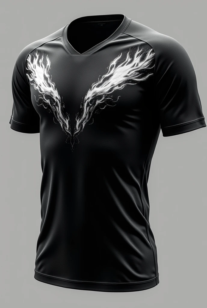 An all black football shirt with matching details of white flames underneath without any real fire, just details
