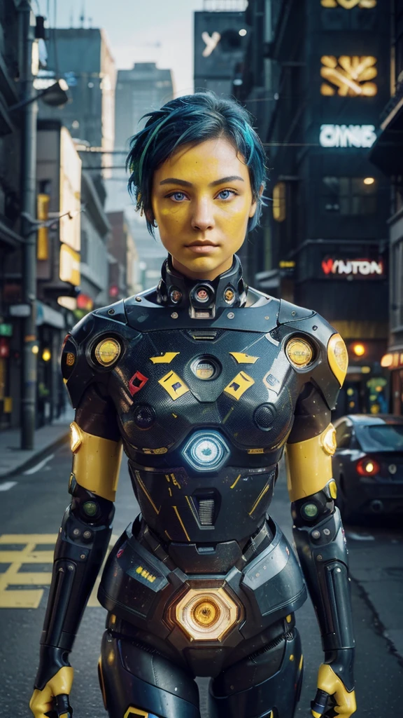 (masterpiece:1.3), (best cinematographic quality:1.2), (extremely detailed settings:1), (Suave+artistic lighting), (1 chico), short blue haired, (eyes+yellow+red:1.4), (multicolored eyes+heterochromia), wearing cyberpunk clothing, Futuristic, technological, city landscape with (robots around)0.4], giving a dramatic landscape.