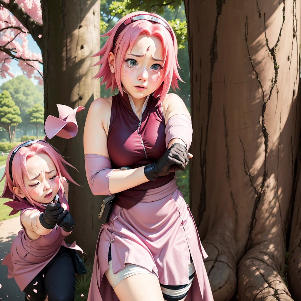 The fat Sakura Haruno captures the essence of charming acting, capturing the image of a person pretending to be innocent, adopting cute and gentle facial expressions that bring tears to the eyes, and wiping away the tears with her hands. Clothes clinging to the body