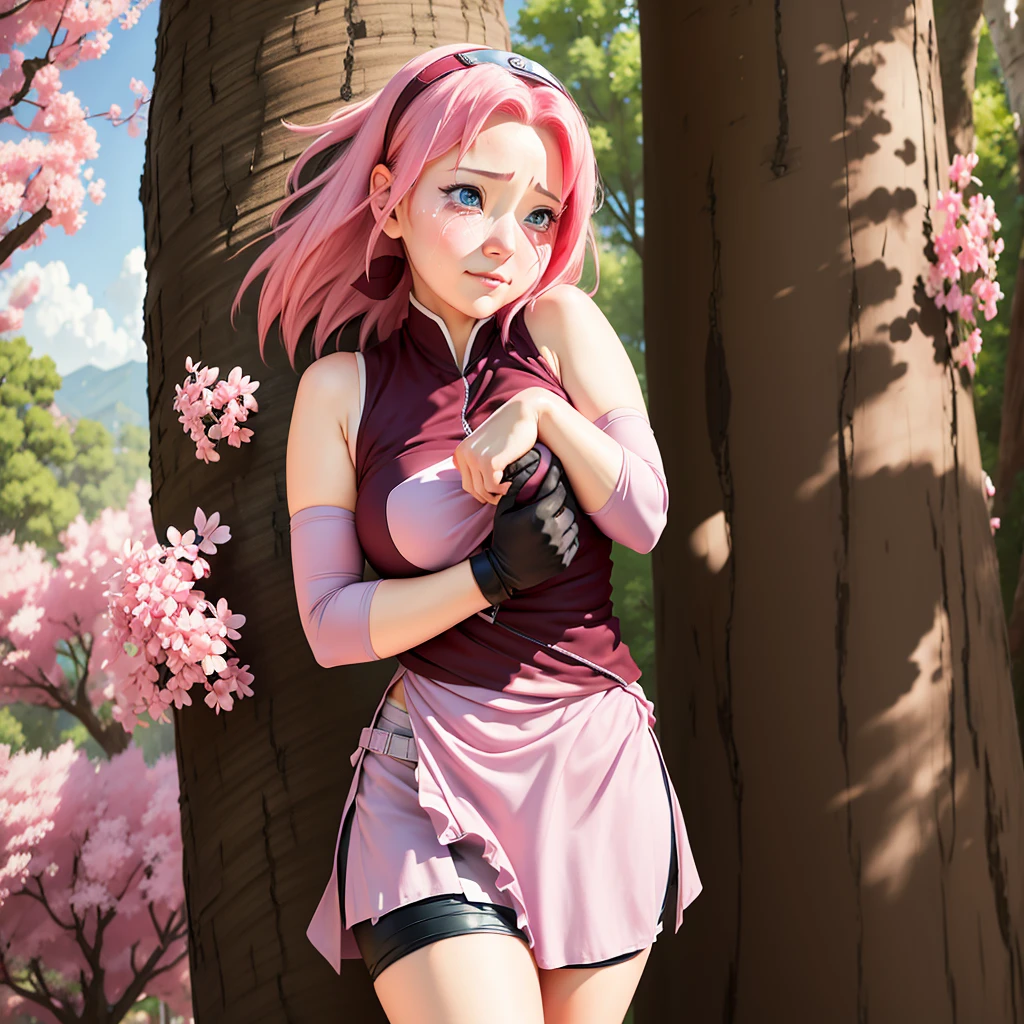 The fat Sakura Haruno captures the essence of charming acting, capturing the image of a person pretending to be innocent, adopting cute and gentle facial expressions that bring tears to the eyes, and wiping away the tears with her hands. Clothes clinging to the body