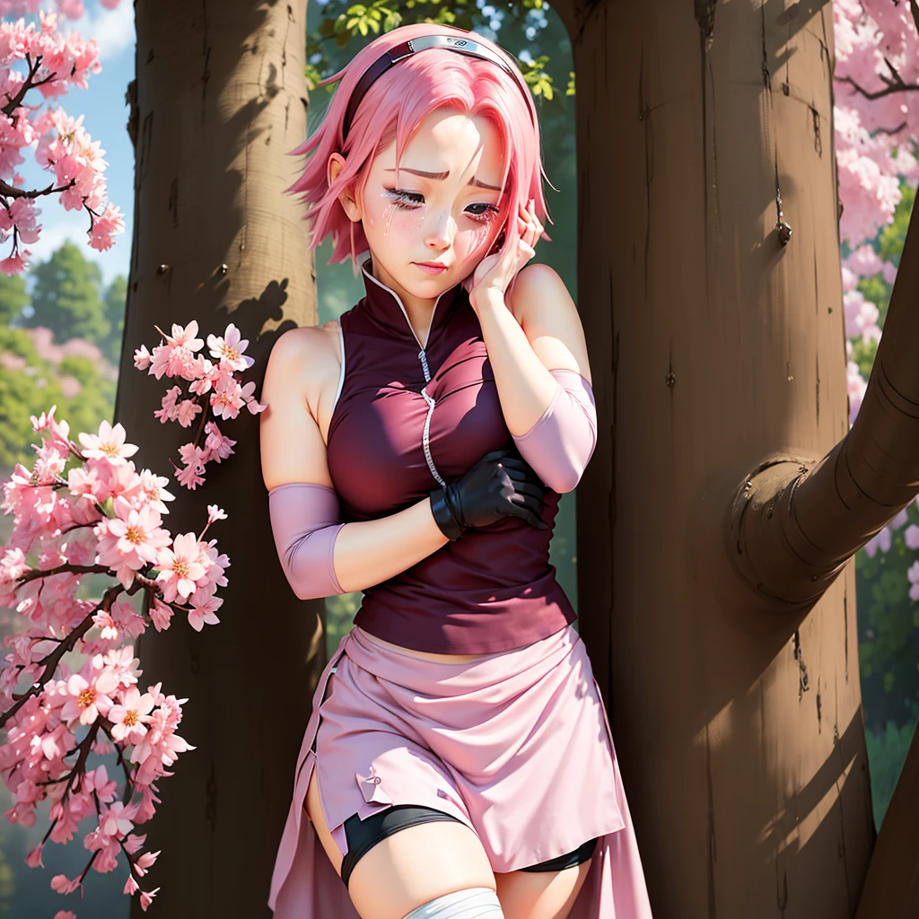 The fat Sakura Haruno captures the essence of charming acting, capturing the image of a person pretending to be innocent, adopting cute and gentle facial expressions that bring tears to the eyes, and wiping away the tears with her hands. Clothes clinging to the body