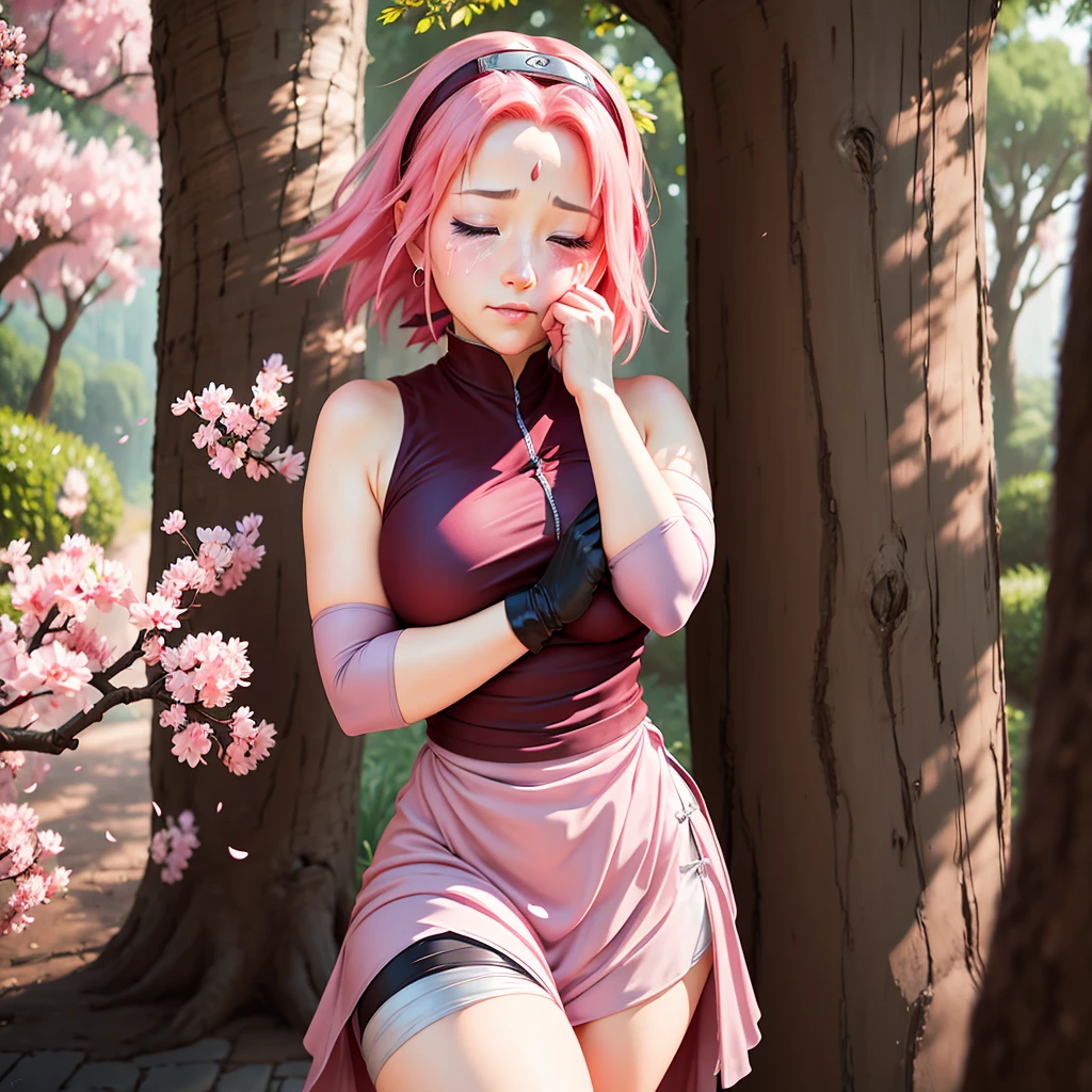 The fat Sakura Haruno captures the essence of charming acting, capturing the image of a person pretending to be innocent, adopting cute and gentle facial expressions that bring tears to the eyes, and wiping away the tears with her hands. Clothes clinging to the body