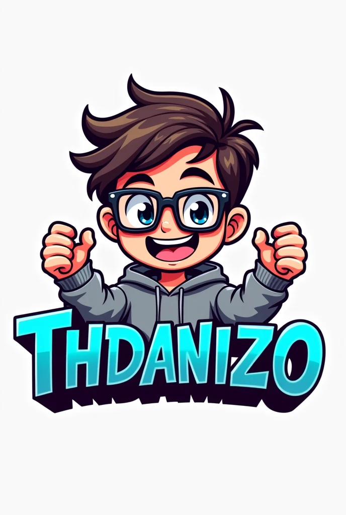 Make a logo mascot where the mascot is a gamer boy with square glasses and looks like he is playing with the letters THDANIIZO and wearing a sweatshirt